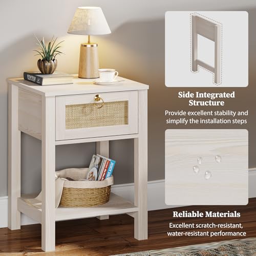 Image of Eclatara Rattan Nightstand: Sturdy White Night Stand with Rattan Decor Drawer, Farmhouse Nightstand Bedside Table Boho End Tables Side Tables for Bedroom (Cream White Oak,1 Piece)