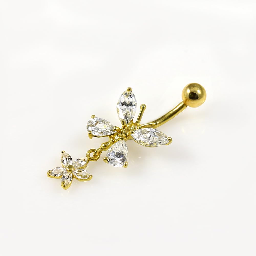 Piercing para ombligo de oro amarillo macizo de 14 quilates con circonita cúbica y mariposa con flor colgante, joyería para ombligo de 14 quilates, calibre 14, 14 Gauge - 10mm Length,