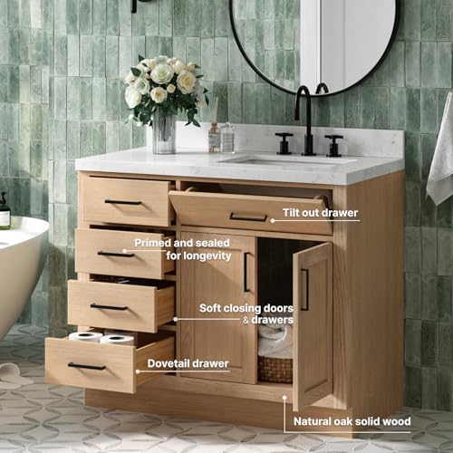 ARIEL Hepburn 42\" Inch Oak Single Bathroom Vanity with Sink, Carrara White Quartz Countertop 1.5 inch Edge and backsplash, Soft Closing Door and Drawer, Matte Black - Thumbnail 3