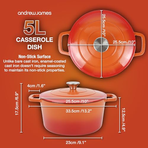 ANDREW JAMES Cast Iron 5L Round Casserole Dish with Lid – Enamel Coated Dutch Oven for Bread Baking, Stews, Roasting & Braising – Oven Proof Cast Iron Pan, No Seasoning Required (Orange) - Image 4