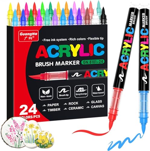 Image of Acrylic Paint Markers Brush Tip Set, Direct Liquid Ink Paint Pens for Rock Painting, Canvas, Wood, Glass, Ceramic, Fabric, Stone & Plastic, Quick Dry Markers (Acrylic Brush Marker 24Pic)