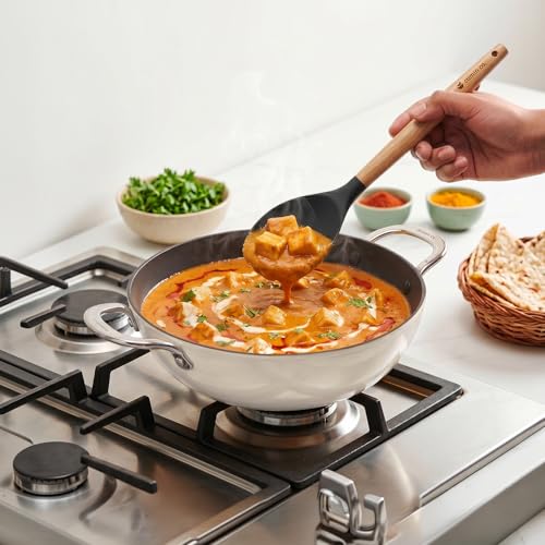 Image of CUMIN CO. Enamel Cast Iron Kadai LITE with Lid | 4L, 28 cm |5 Years Warranty | Non Toxic Heavy Bottom Kadhai for Frying | Induction & Gas Compatible | Chemical Free Coating | White