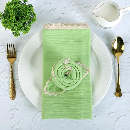 Image of FINGERCRAFT Cloth Napkins Set of 8, 20x20 Inch, Soft Cotton Muslin Dinner Napkins with Lace Edge, Reusable Washable Table Napkins for Wedding, Party, Dining & Home Decor (Lettuce Green)