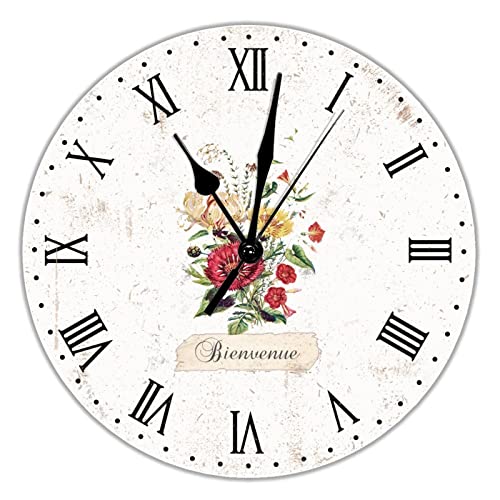 Lily Floral Bienvenue - Relojes de pared redondos de PVC, funciona con pilas, cuarzo silencioso, 30,5 cm, rústico, elegante, decoración de granja para oficina, sala de estar, dormitorio, aula