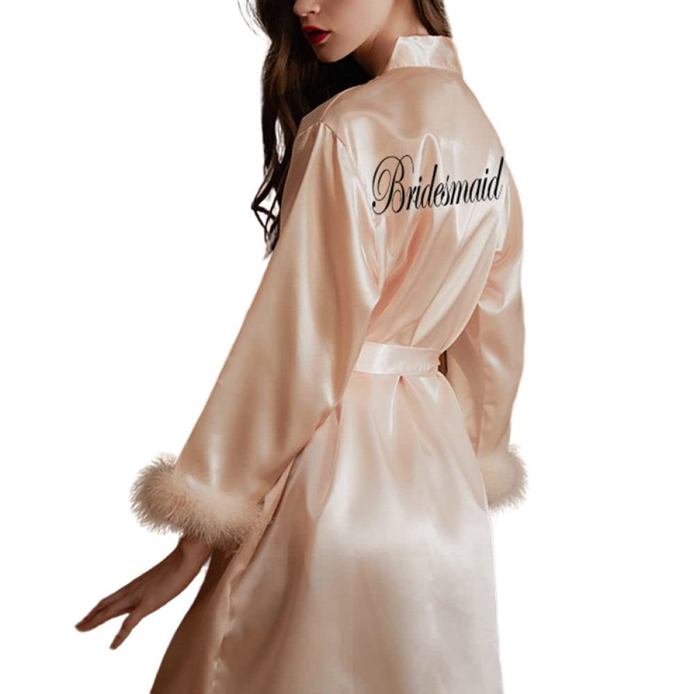 OZEO Camisones De Mujer,Satin Bathrobe Champagne Feather Cuffs Kimono Robe Plain Lightweight Long Pajamas Embroidery V Neck Bridesmaid Dressing Gown Sleepwear Bademantel Damen,M