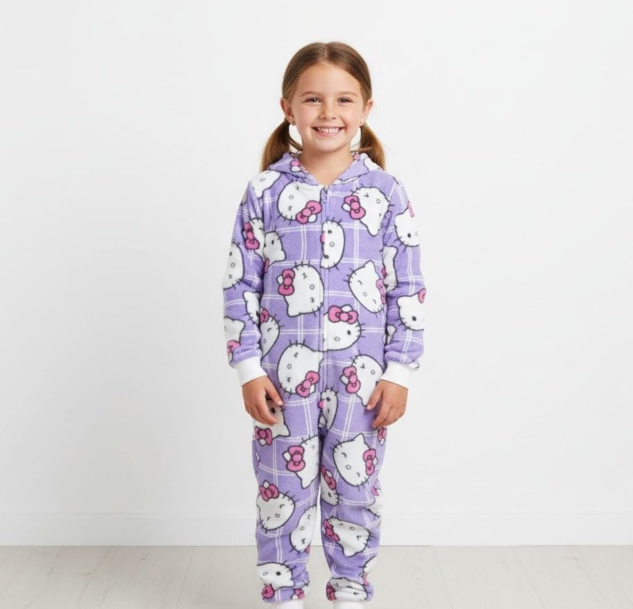 Hello Kitty Kids Onesie Pajamas - Girls Long Sleeve Zip Up Hooded Blanket Sleeper - One Piece Costume - Official License - Image 2