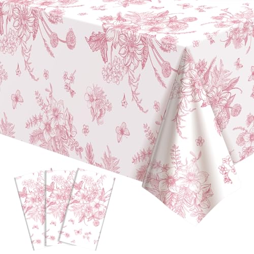 3 Pcs Pink Floral Plastic Tablecloths 54 X 108Inch Tea Party Tablecloth Disposable Wedding Table Cloth Pink and White Porcelain Tables Decor for Garden Wedding Tea Party Birthday Baby Bridal Shower