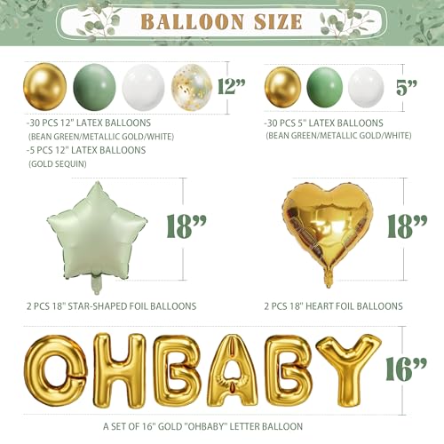 Image of Sage Green Neutral Baby Shower All In One Set - 4 Balloon Boxes, 12 Tableware Sets with Disposable Plates, inchOH BABY inch Balloons, Tablecloth & Cake Toppers