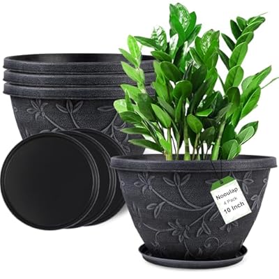 Nooulap 4 Pack 10 Inch Flower Pots for Outdoor Indoor, Plastic Plant Pots with Drainage Hole & Saucer, Lightweight Small Resin Flower Pot, Outdoor Planters Imitation Magnolia for Garden House?Gray?