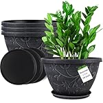 4 Pack 10 Inch Plant Pot for Outdoor Indoor, Plastic Flower Pots with Drainage Hole & Saucer, Lightweight Small Resin Flower Pot, Imitation Magnolia Pots for Garden House Planters（Gray）