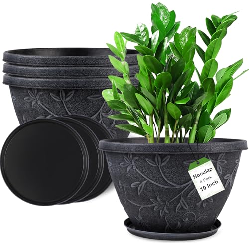 4 Pack 10 Inch Plant Pot for Outdoor Indoor, Plastic Flower Pots with Drainage Hole & Saucer, Lightweight Small Resin Flower Pot, Imitation Magnolia Pots for Garden House Planters（Gray）