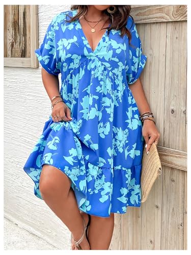 Image of Floerns Women's Plus Size Summer Vacation Wrap V Neck Short Sleeve Ruffle Hem A Line Hawaiian Short Dress