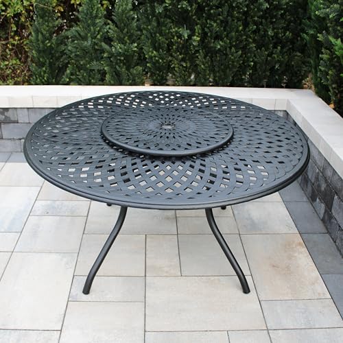Image of Oakland Living Contemporary Modern Outdoor Mesh Aluminum 59-in Large Black Round Patio Dining Table with Lazy Susan