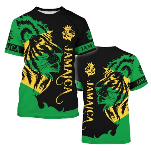 BJU Jamaica Flag T-Shirt Lion Tee Printed Crewneck Short Sleeve Casual Sports Top Unisex3