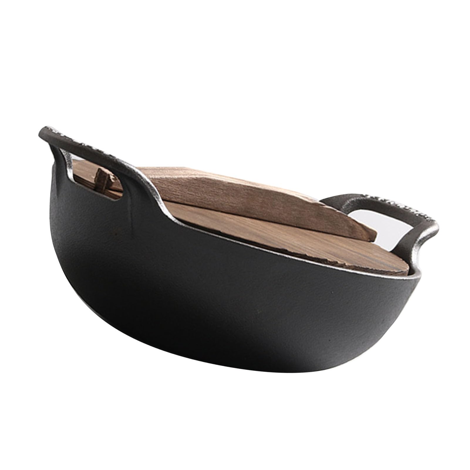 POENVFPO Pentola in Ghisa con Coperchio in Legno, 27 Cm (BLACK)