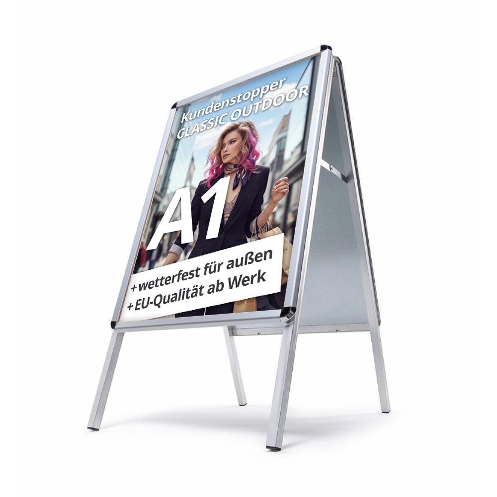 A1 Kundenstopper OUTDOOR wetterfest außen | verzinkte Metallrückwand, 32mm Profile | Werbeaufsteller Gehwegaufsteller Plakatständer Kundenstopper A1 wetterfest | Schutzfolien doppelseitig