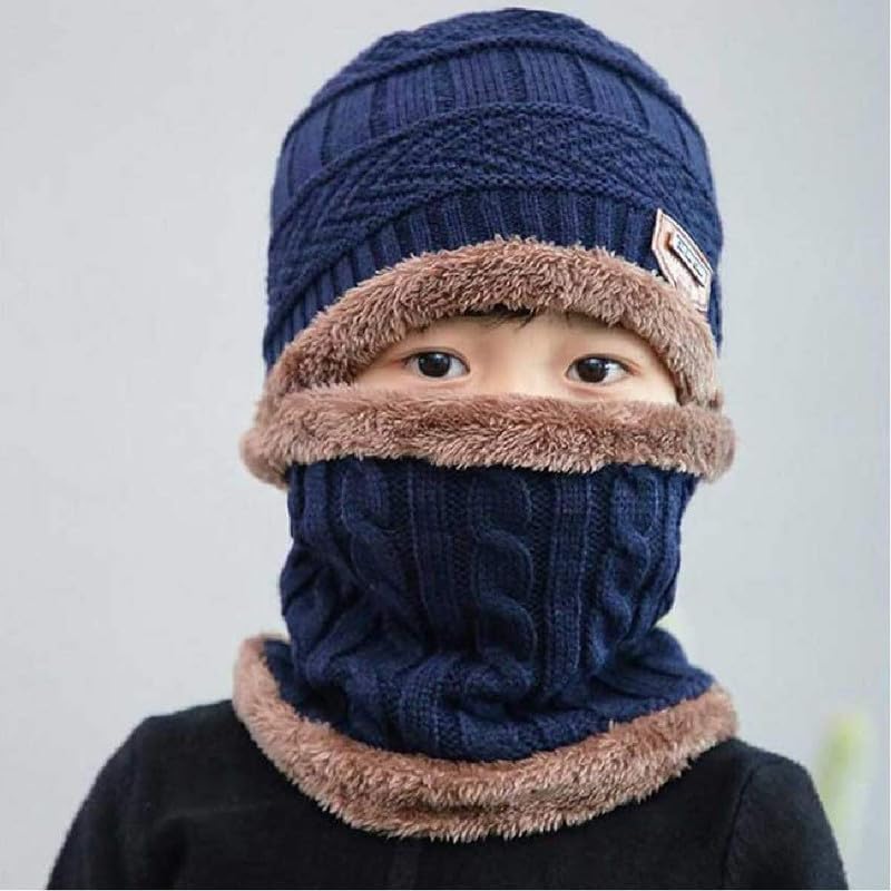 Dressify® (A Grade Cashmere Wool - Imported Soft Warm Snow and Air Proof Fleece Knitted (Inside Soft Fleece) Woolen Beanie Winter Cap with Scarf for Kids Boy's I Girl's Blue Color 4