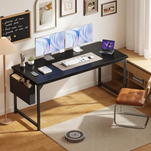 Image of OLIXIS Computer Desk, 63 Inch Gaming Desks for Home Office Small Spaces | Writing Study Craft Work Table, Computer Workstation for Bedroom with Storage Bag, Black