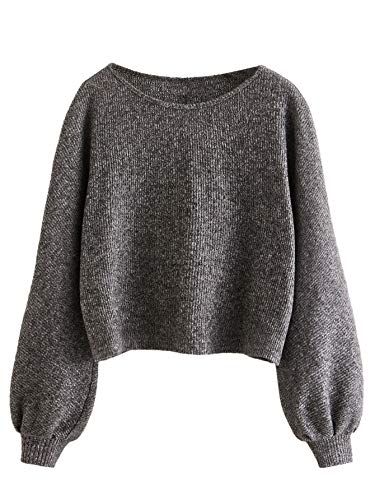 Floerns Women's Solid Boat Neck Long Lantern Sleeve Pullover Thin Sweater Top Grey S #TOP22
