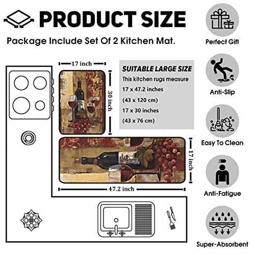 Ouxioaz Wine Kitchen Rugs And Mats [2 Pcs], Non Skid Washable Absorbent Microfiber Mat For Doormat Bathroom Runner Set (17Inx47In+17Inx30In, Wine) #TOP4