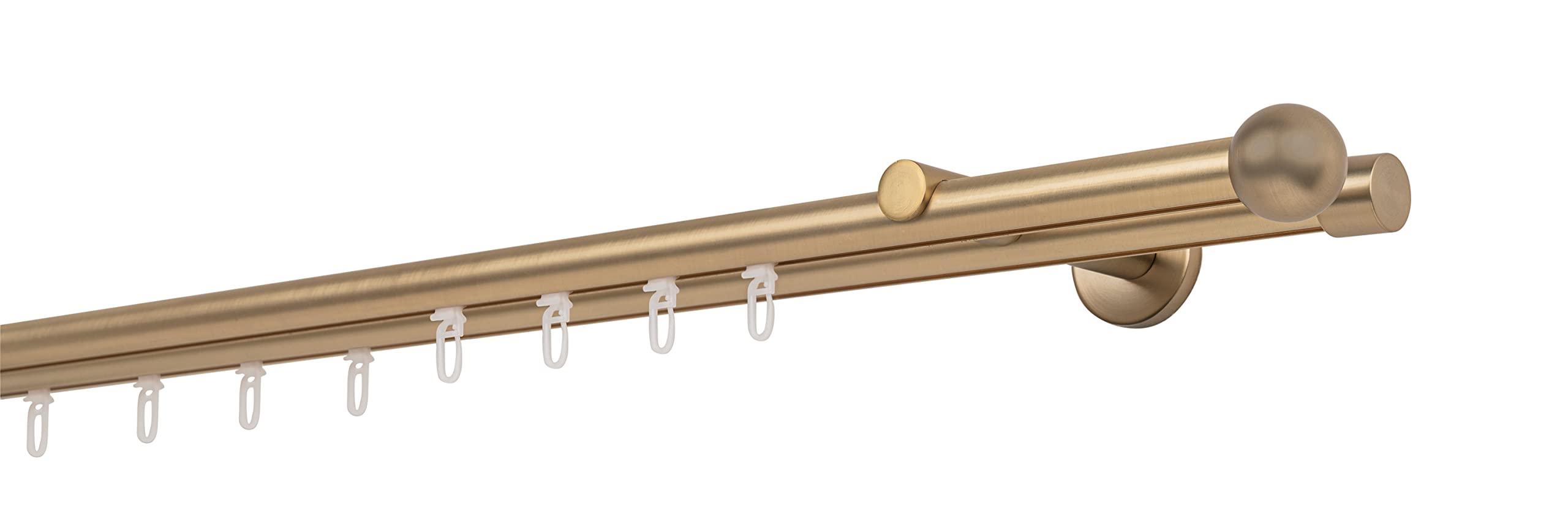 Tringle à rideaux sur mesure - Roulement intérieur de 20 mm - Boule à 2 voies - Supports muraux de 12 cm - Avec patins pour rideaux - Laiton mat - 240 cm