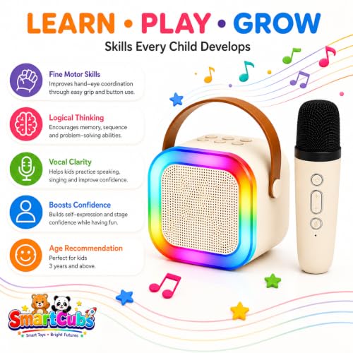 Image of Karaoke Speaker with Wireless Mic for Kids & Adults | Beige Bluetooth Karaoke Machine with RGB LED Lights, Rechargeable Portable Speaker, Stereo Sound | Birthday Gift for Girls & Boys