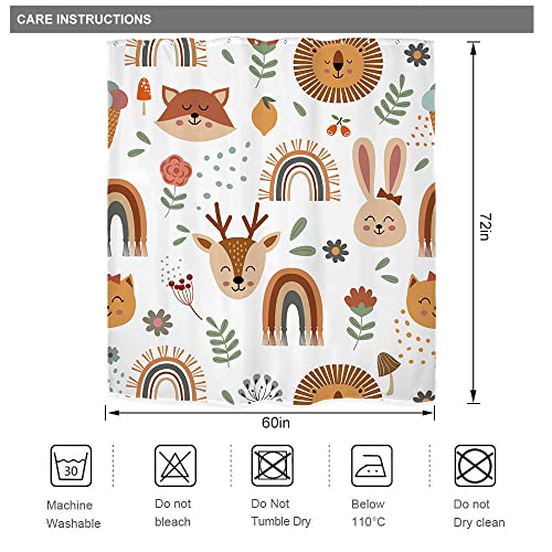 Riyidecor Kids Baby Woodland Boho Shower Curtain For Bathroom Accessories 60Wx72H Inch Cartoon Cute Funny Forest Animals Colorful Flowers Rainbow Children Fabric Bathroom Decor 12 Pack Plastic Hooks #TOP2