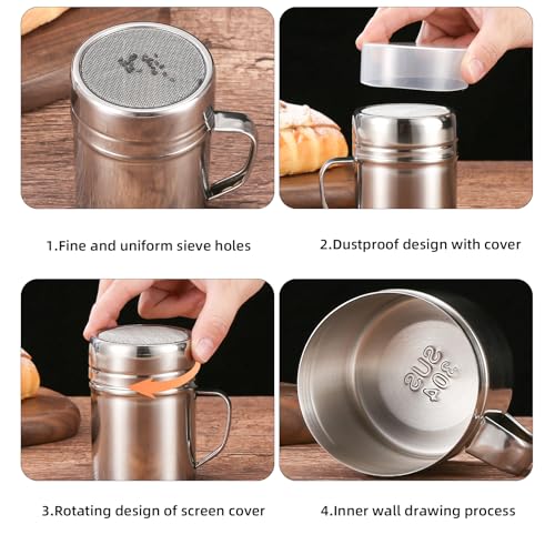 HSLPSM 2 Stück Puderzuckerstreuer, Puderzuckerstreue mit Griff, Kakaostreuer für Cappuccino, Mehlstreuer mit deckel, Edelstahl Kakao Streuer Cappuccino, Kaffee, Salz, Zucker, Kakao, Schokolade