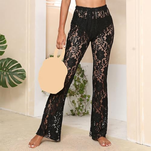 Women's Sheer Lace Flare Pants Sexy See Through High Waist Leggings Gothic Floral Bell-Bottoms Trousers Streetwear2