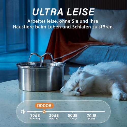 DOOOB Katzentrinkbrunnen, 3,2L Katzen Trinkbrunnen, Katzenbrunnen Edelstahl mit Ultra-Leiser Pumpe, Automatischer Trinkbrunnen für Katze und Kleine Hunde, Inkl. 1 Filter & 1 Schwamm