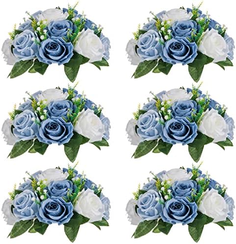 NUPTIO Flower Balls for Wedding Centrepieces - 2 Pcs 24cm Diameter Artificial Flower Ball Arrangement Bouquet Party Centerpieces for Tables - Dusty Blue & White Fake Rose Flowers for Weddings Decor