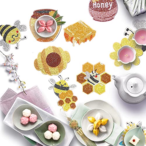 Ylolul 10 Pcs Bee Shaped Diamond Painting Coasters Kits Diy Bee Honeycomb Diamond Painting Coasters With Holder Honey Diamond Painting Coasters For Beginners Adults And Kids Art Craft Supplies Gift #TOP3
