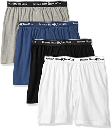 Beverly Hills Polo Club mens 4 Pack Knit Boxer Shorts, White/Black/Navy/Grey Heather, Large US