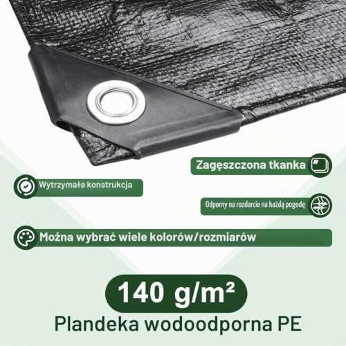 Plandeka wodoszczelna z oczkami, 140 g/m² PE tkanina, plandeka ochronna odporna na pogodę, kurz, UV, odporna na rozerwanie, osłona na meble ogrodowe, drewno, samochód, łódź, dach, trampolinę, plandeka