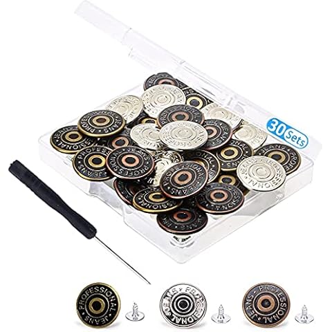 30 Sets Jean Replacement Buttons 20mm Jean Buttons Replacement Kit with Rivets and Metal Base in Plastic Storage Box(Bronze,Silver,Copper) Cover