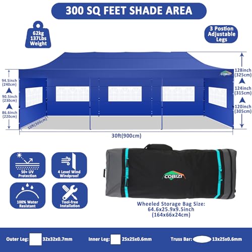 Image of COBIZI 10x30 Pop Up Canopy Tent,Heavy Duty Canopy(DarkBlue with 8 Sidewall)
