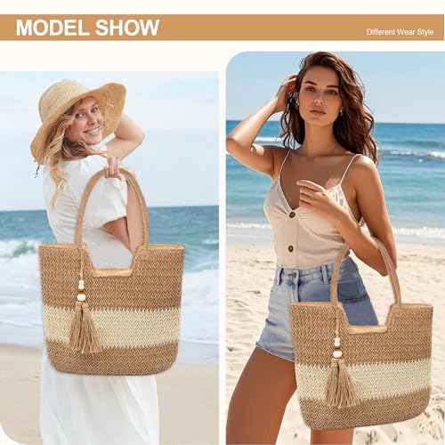 Image of Long Keeper Beach Bags for Women Summer Straw Bag with Zipper Woven Shoulder Handbag Beach Tote Bags for Travel Vacation