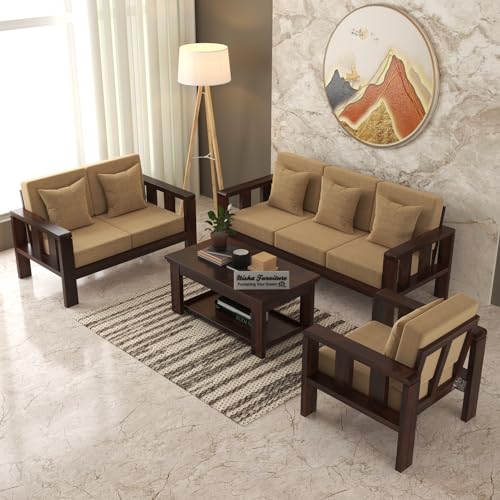 Image of 6 Seater Premium Sheesham Wood Sofa Set | Elegant Durable Walnut Finish | 3+2+1 Configuration | Living Room & Office | Soft Beige Cushions