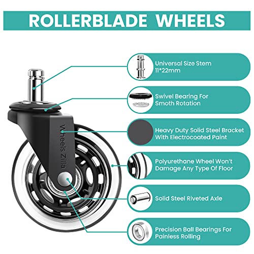 Wheels Zilla Office Chair Casters, Pack Of 5, 3 Inch Heavy Duty Replacement Rubber Wheels For Desk & Gaming Chair Are Easy To Install & Suitable For All Floor Types Including Carpet & Wood Floors #TOP2