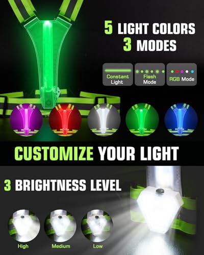 Zacro LED Reflective Vest with Chest Light 500LM, 5 RGB Colors High Visibility Rechargeable Light Up Running Vest IPX4 Night Safety Running Gear for Dog Walking, Cycling, Adjustable for Men Women Kids - Thumbnail 2
