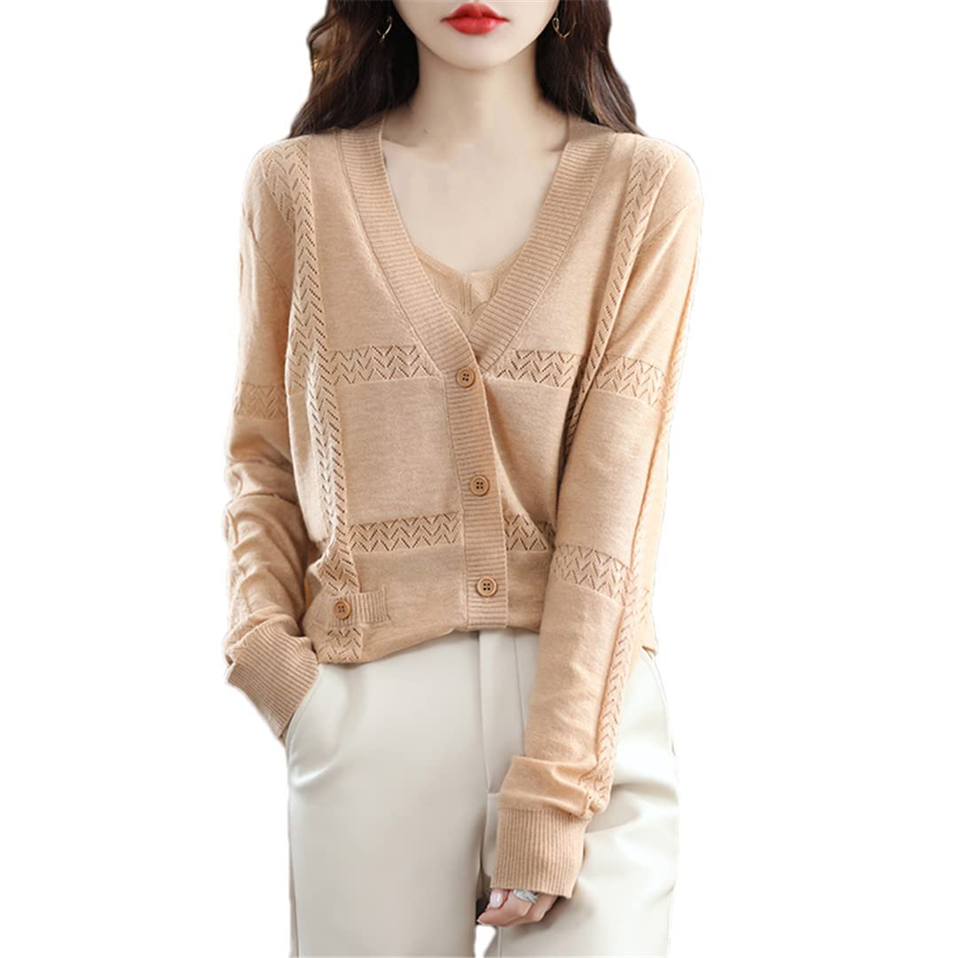 Cárdigan de lana fina de verano para mujer, cuello en V, holgado, de punto