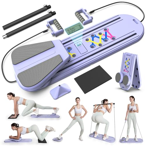 FLAZECON Pilates Board for Home Workout, Foldable Pilates Reformer Set for Women 6-in-1 Portable Folding Mini Pilate Kit Machine Equipment (Purple)