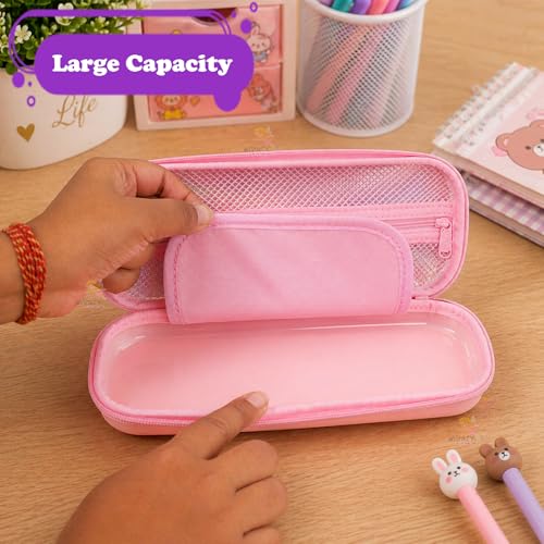 Image of WISHKEY Cartoon Theme Pencil Case Stationery Pouch, Large Capacity Mesh Pencil Pouch, Stylish Zipper Pencil Box with Pen Holder, School Supply Organizer for Students (Pack of 1, Assorted)