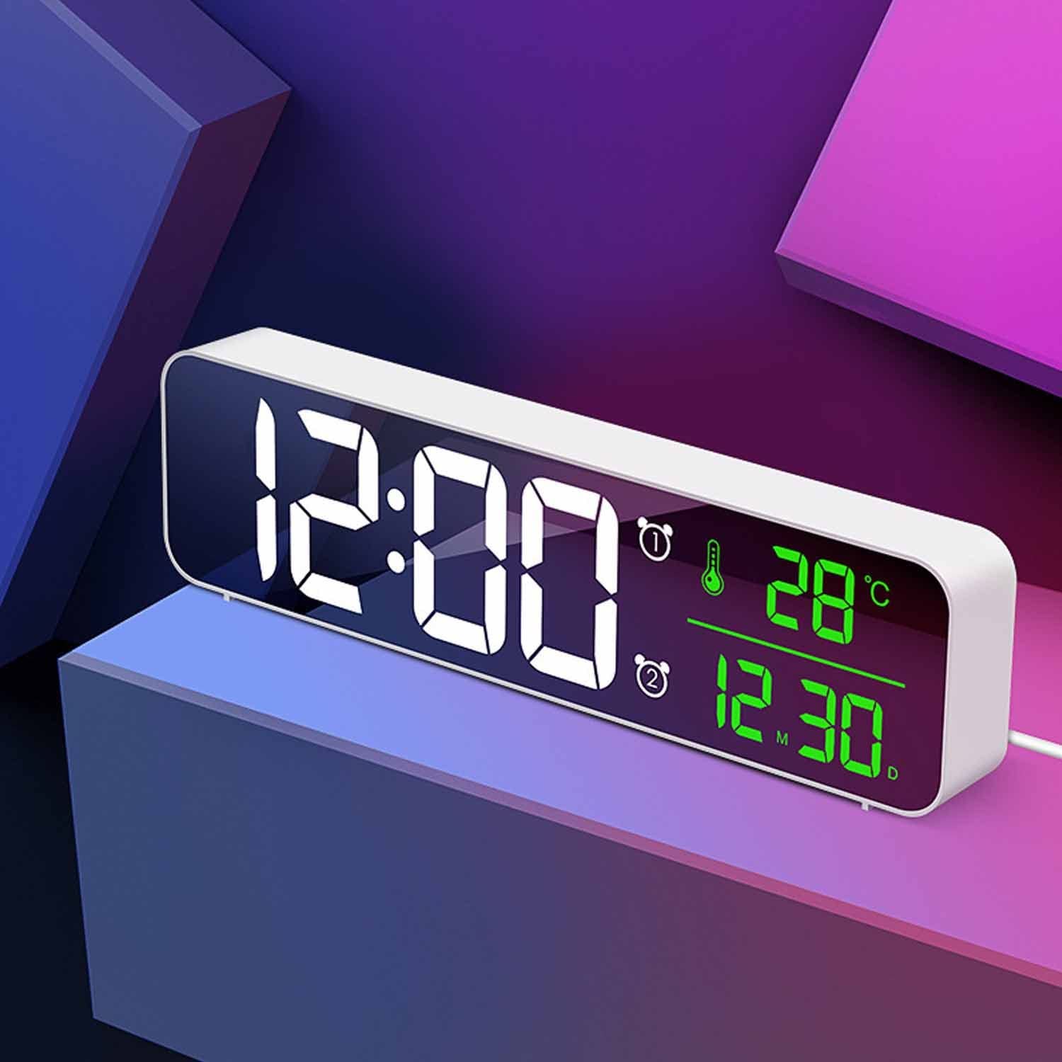 Reloj Despertador Digital, Reloj Despertador de Cabecera con Temperatura y Pantalla LED Grande, Reloj Espejo con 2 Alarmas,Brillo Ajustablede Adecuado para Dormitorios Escolares en Casa
