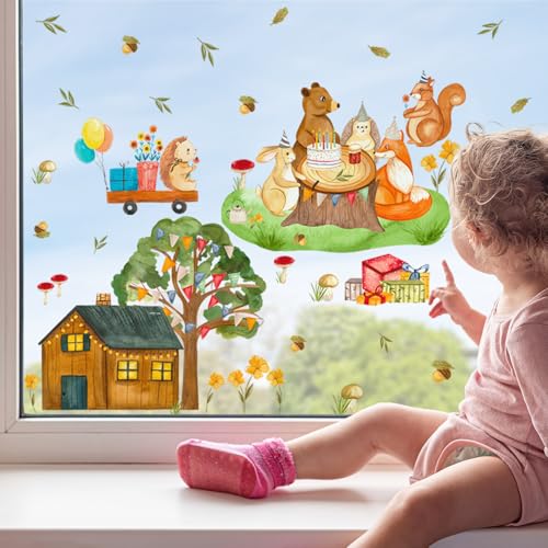 astrkiz Colorful Birthday Window Clings, Ballon Window Sticker for Kids Room, Woodland House