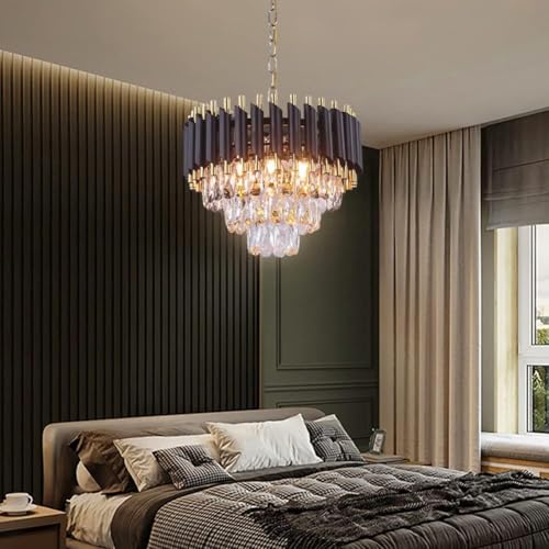 Image of Luxurious 300mm Black Gold Modern Chandelier with K9 Crystals | Warm White, Moonlight & Golden Light | Ceiling Hanging Light for Living Room, Dining Room, Bedroom, Hallway