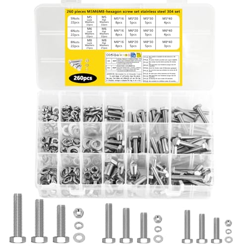 260 Stück M5 M6 M8 Schrauben Set, Sechskantschrauben Muttern Set mit Federringe & Unterlegscheiben Sets, 304 Edelstahl Gewindeschrauben Sets, Sechskant Maschinenschrauben Sortiment 260 Stück M5 M6 M8 Schrauben Set, Sechskantschrauben Muttern Set mit Federringe & Unterlegscheiben Sets, 304 Edelstahl Gewindeschrauben Sets, Sechskant Maschinenschrauben Sortiment