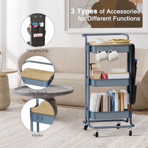 Image of DTK 3-Tier Rolling Cart with Table Top, Metal Utility Cart with Side Bags | Tray Storage Organizer, Lockable Wheels, 4 Hooks, Art Cart for Kitchen, Bathroom, Office, Craft room, Living room, Blue