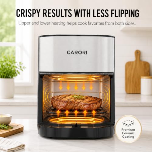 Image of CARORI Air Fryer 6 Qt Dual Heating with Viewing Window, 14 Presets Plus DIY Mode, Includes 2 Reusable Silicone Liners, Dishwasher-Safe Basket and Crisper Tray, Easy Clean Family Size