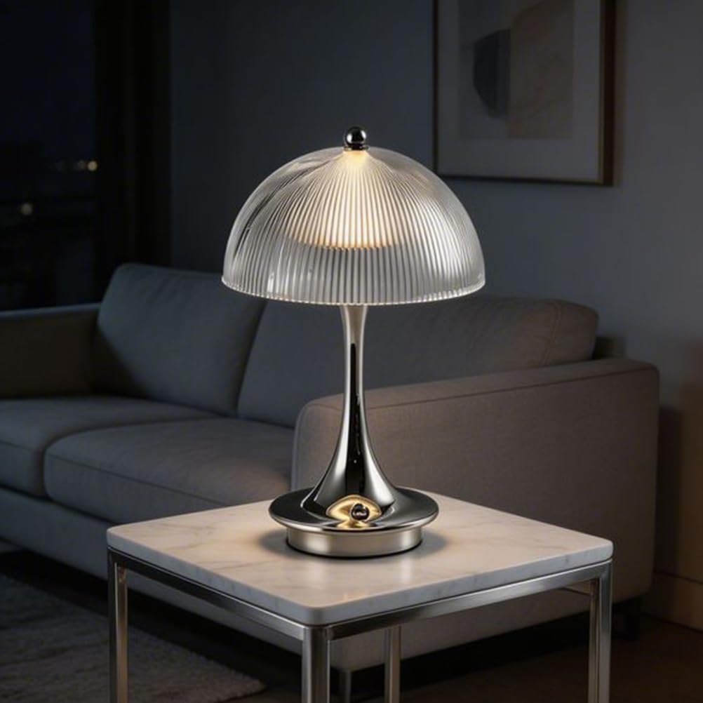 AoLa Pilz Tischlampe Kabellos Akku Pilz Lampe LED Dimmbare Tischleuchte mit Touch Control USB Aufladbar Batteriebetrieben Nachttischlampe Ohne Kabel Mushroom Lamp für Schlafzimmer Esstisch,Chrome